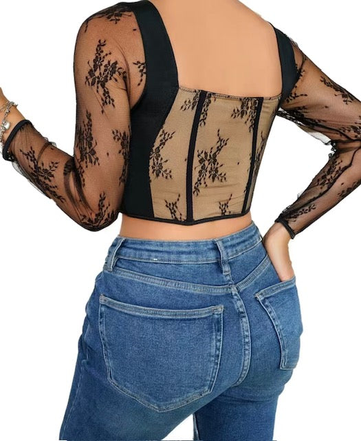 Sexy Lace Stitching Shapewear, Long Sleeve Top