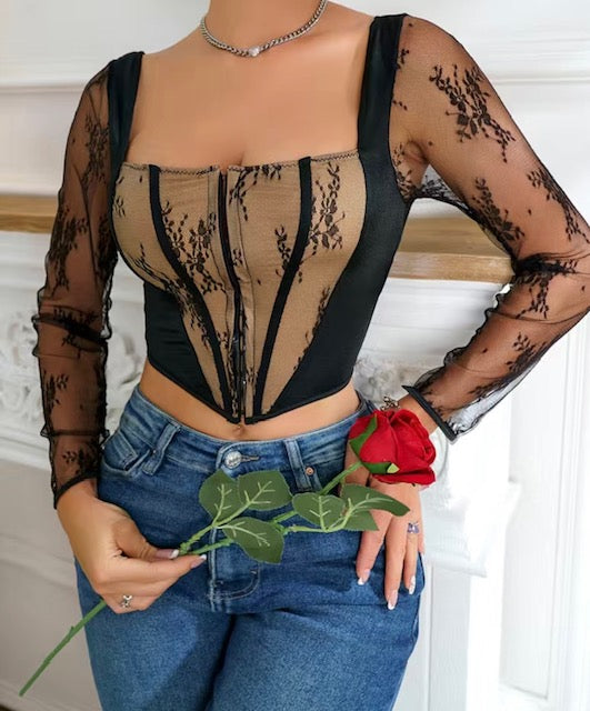 Sexy Lace Stitching Shapewear, Long Sleeve Top
